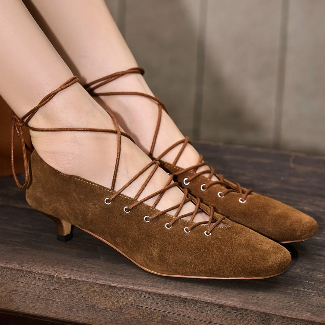 Suede Square-Toe Lace-Up Pumps