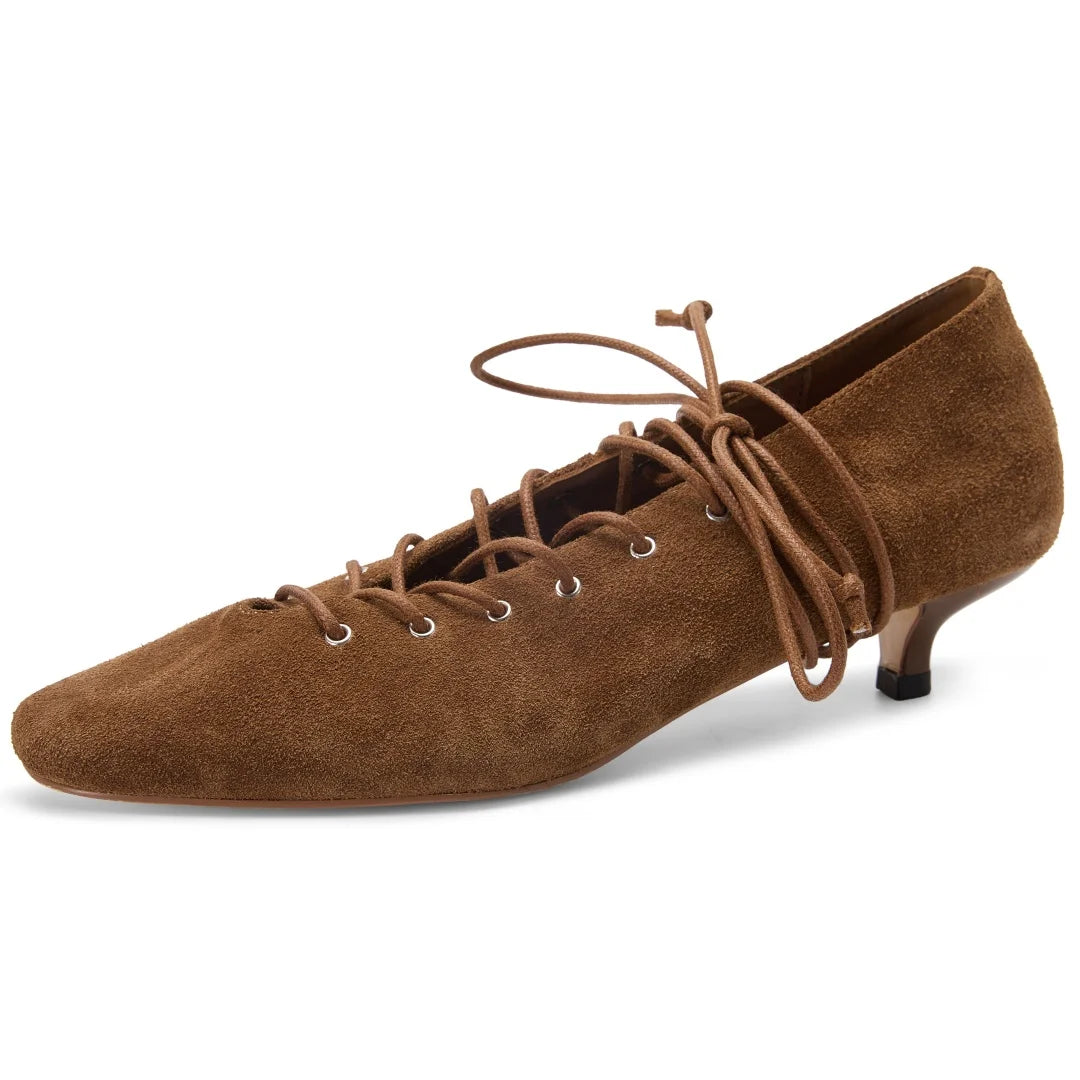Suede Square-Toe Lace-Up Pumps