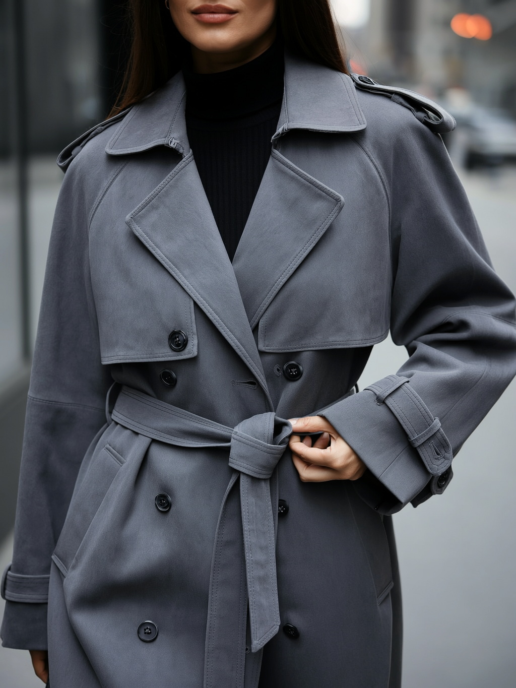 Faux Suede Belted Trench Coat