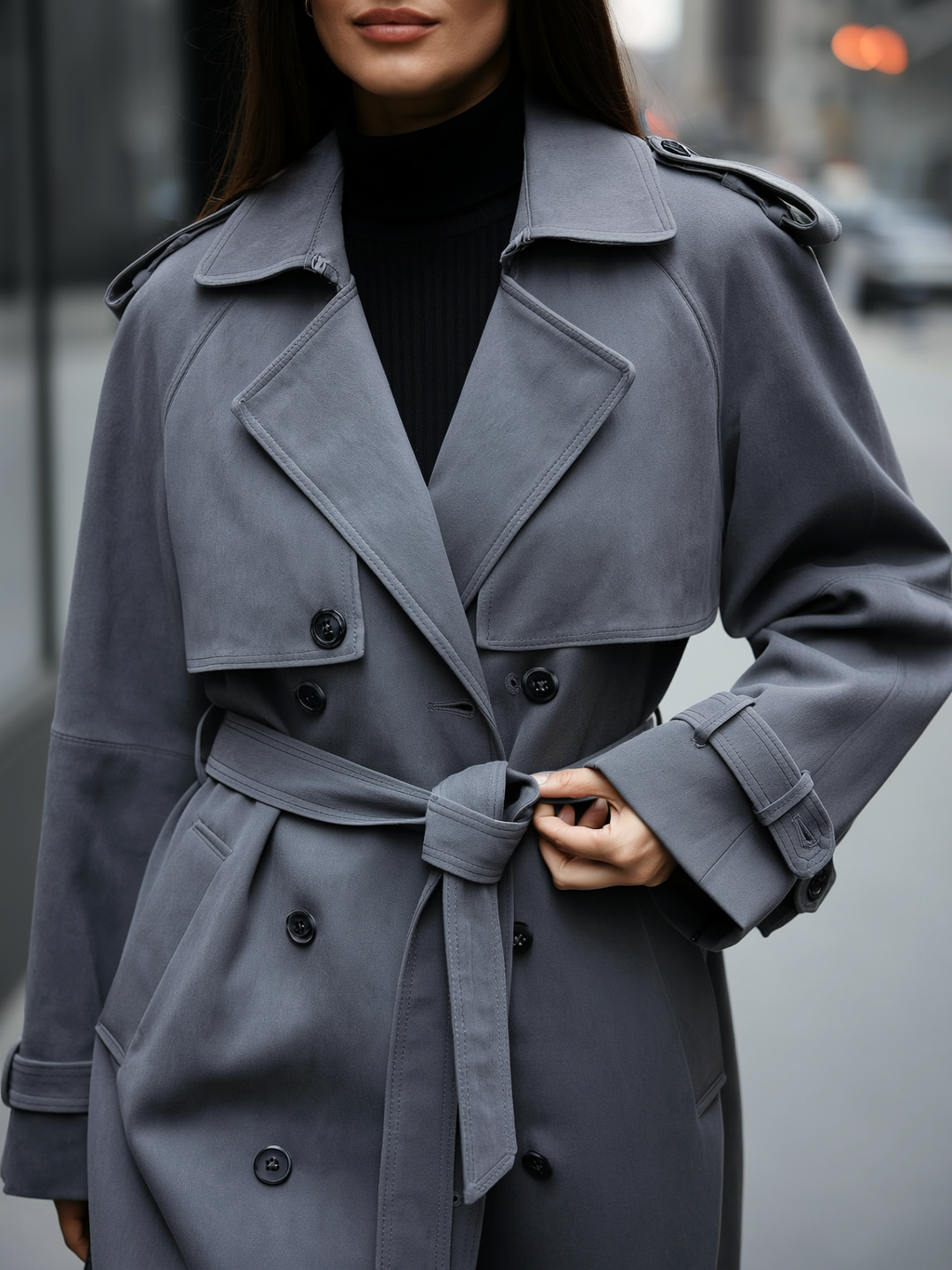 Faux Suede Belted Trench Coat