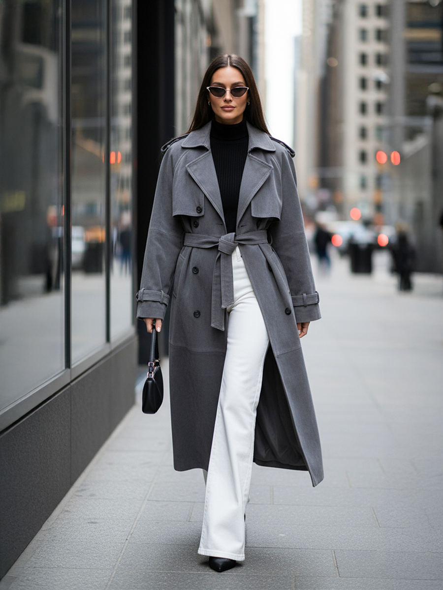 Faux Suede Belted Trench Coat