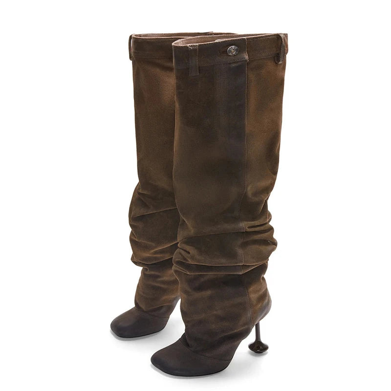 Metal Button Knee High Boots