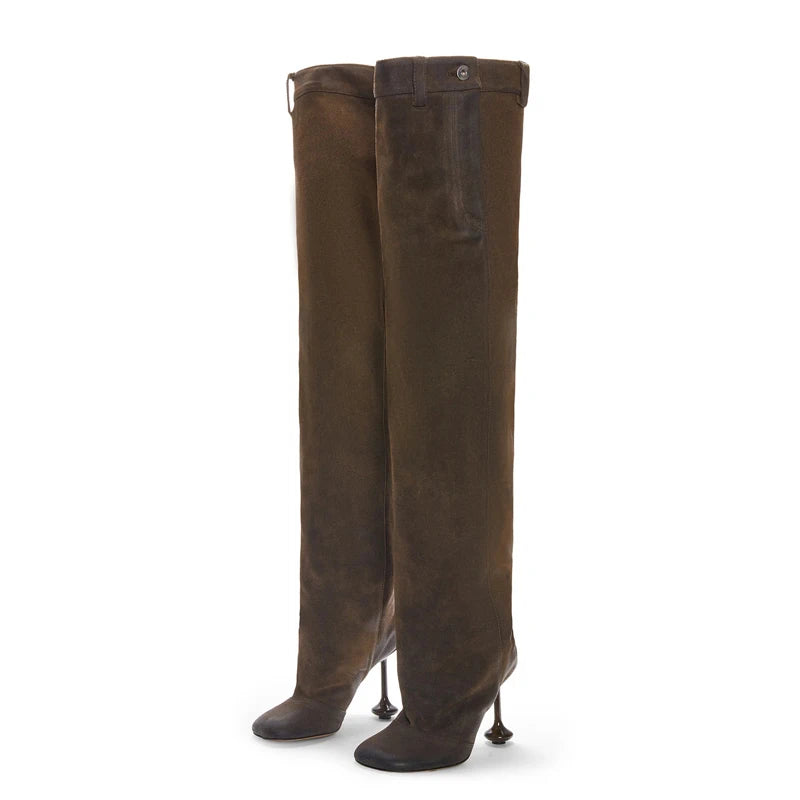 Metal Button Knee High Boots