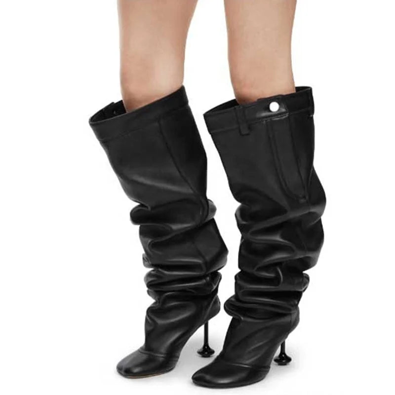 Metal Button Knee High Boots