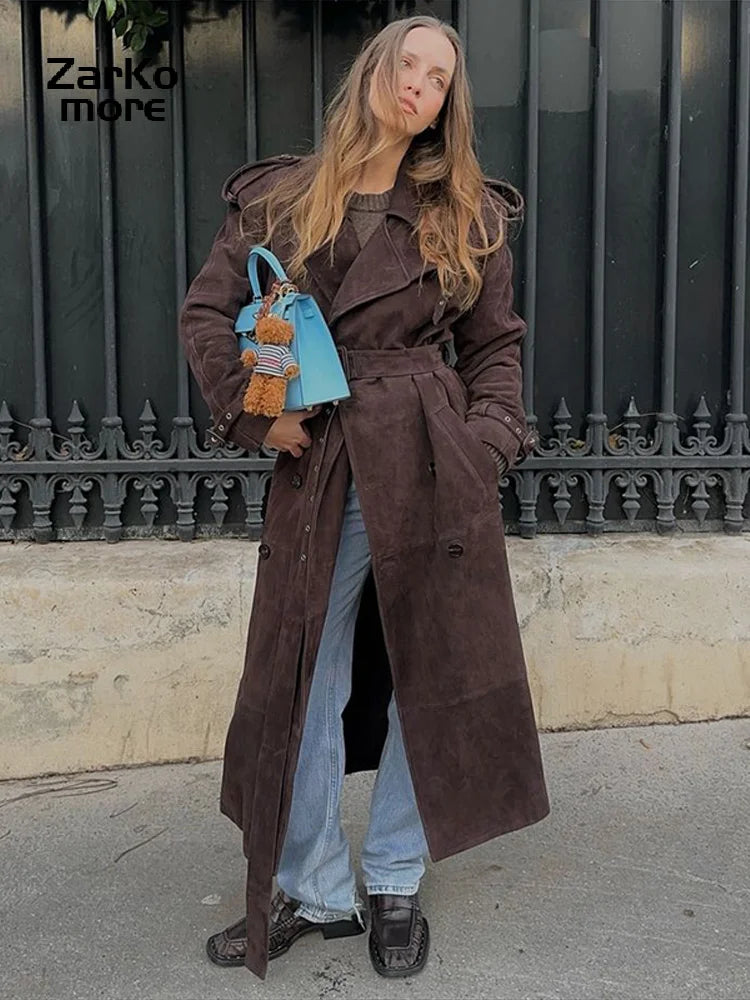 Faux Suede Belted Trench Coat