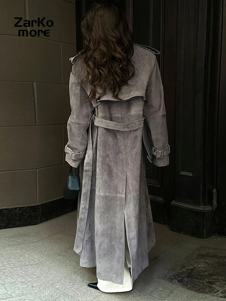 Faux Suede Belted Trench Coat