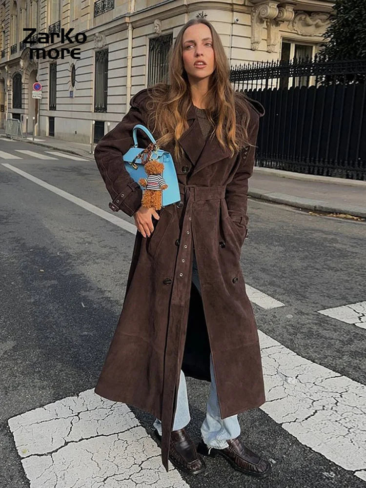 Faux Suede Belted Trench Coat