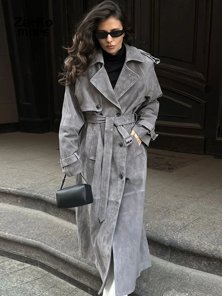 Faux Suede Belted Trench Coat